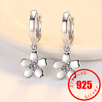 Simple Fashion 925 Sterling Silver Earrings For Women Cute Pink/White Zircon Cherry Blossoms Drop Earrings Pendientes