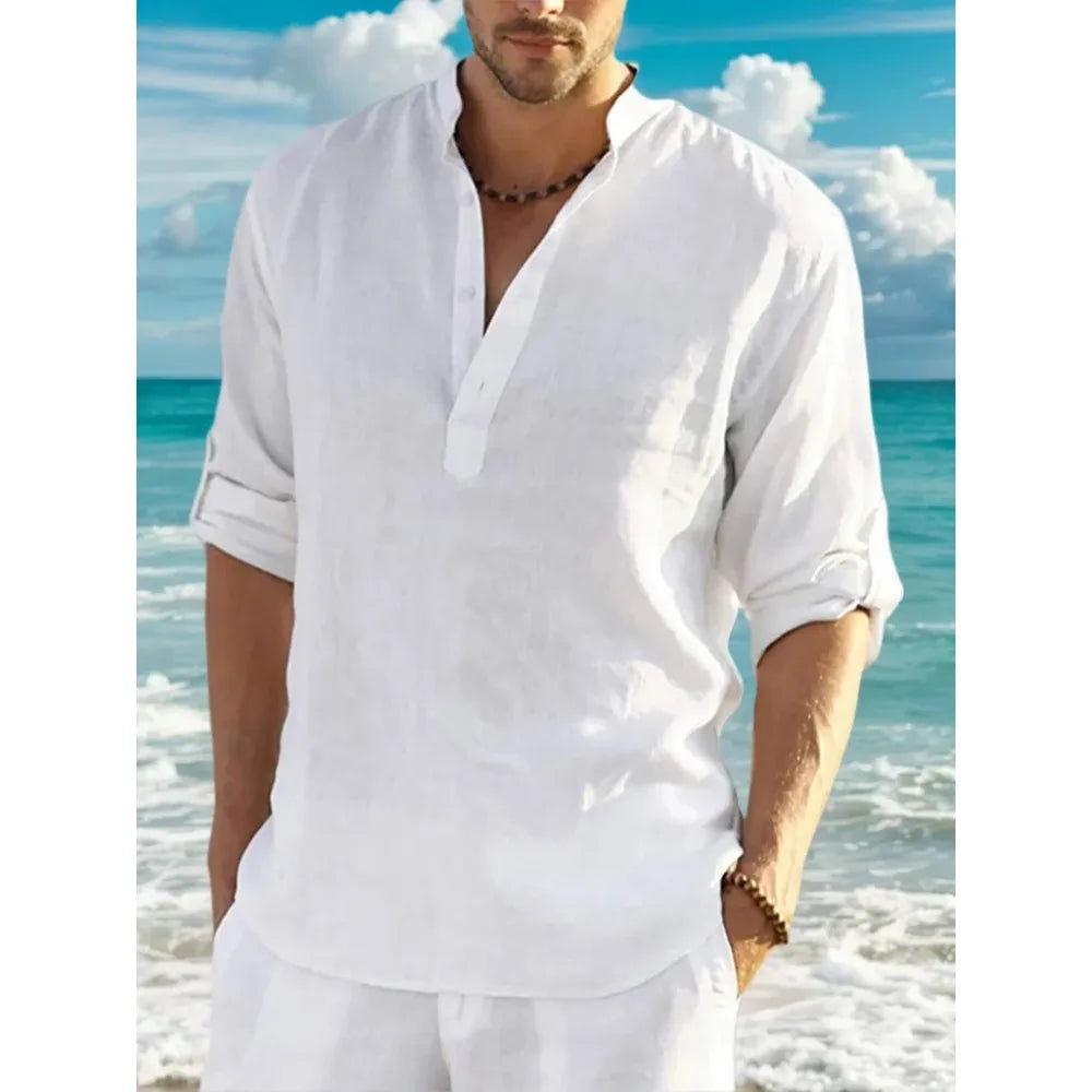 Men'sshirt Classic Casual Stand-up Collar Long-sleeved V-neck Shirt Sleeve Split-sleeved Light Breathable Beach Vacation T-shirt