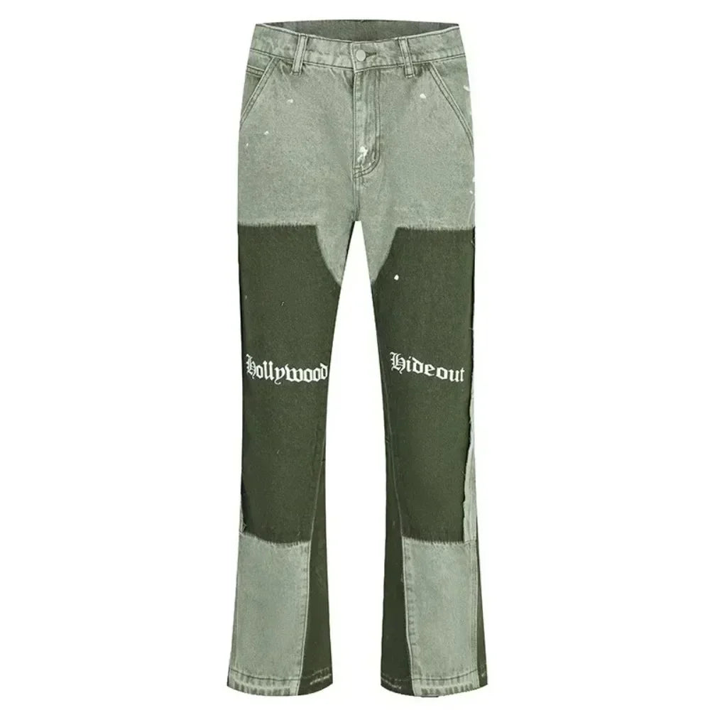 European and American high street men's washed jeans retro personalized straight-leg splicing flared pants trendy denim trousers