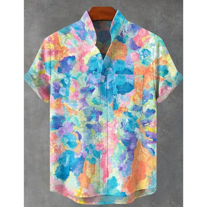 Men's Linen Batik Shirt Retro Short Sleeved Top Fashionable Summer Casual Ethnic Clothing Shirt Plus Size Streetwear