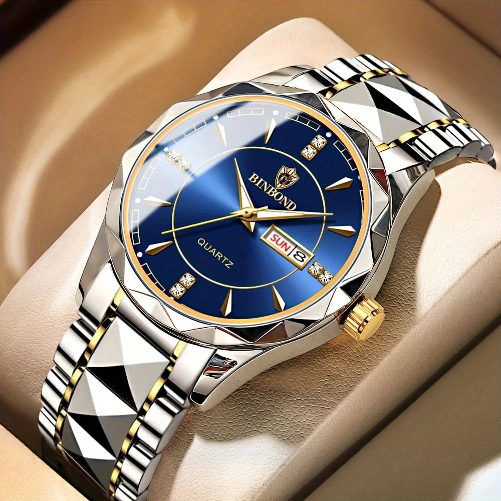 2025 New Watch Diamond Luxury Night Glow Double Calendar Quartz Movement Gold Blue Stainless Steel Fashion Business Man Watch