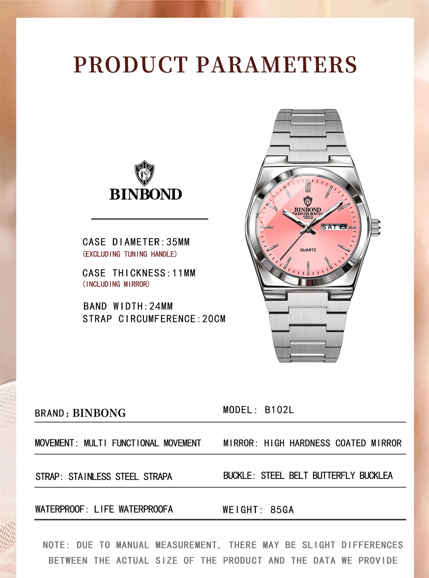 BINBOND Top Brand New 103 Fashionable Men's Quartz Watch Waterproof Night Light Dual Calendar Ultra Thin Men's Quartz Watch