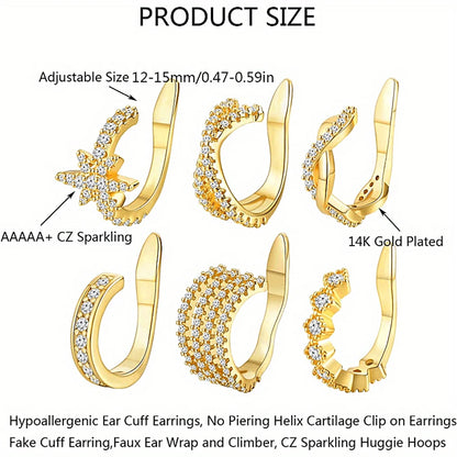 1Pc Hypoallergenic Huggie Earring Cuff for Women Men, Sparkling Cubic Zerconia Fake Carilage Clip On Ear No Piercing Jewelry