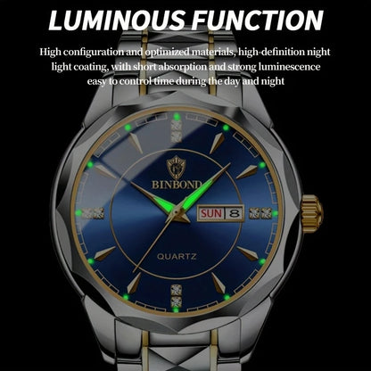 2025 New Watch Diamond Luxury Night Glow Double Calendar Quartz Movement Gold Blue Stainless Steel Fashion Business Man Watch
