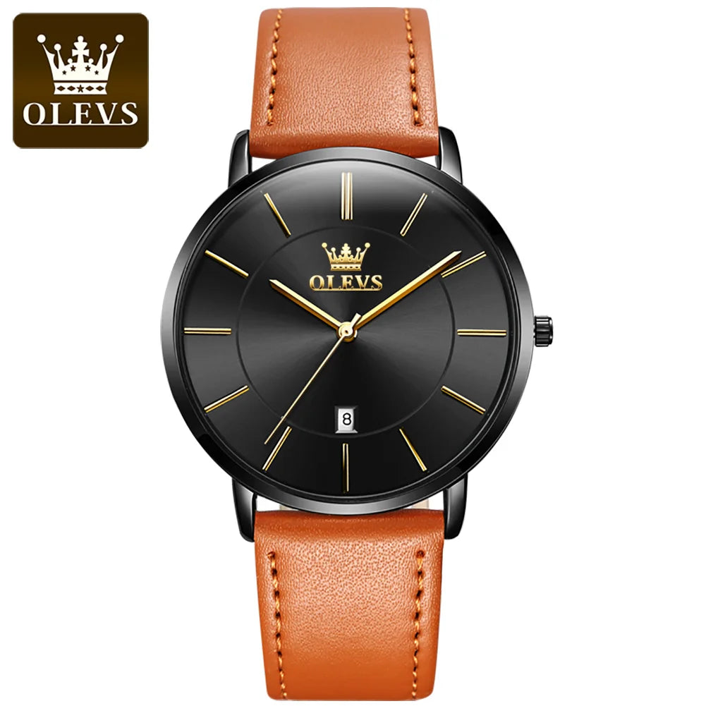 OLEVS 5869 Ultra Thin 6.5mm Quartz Watch for Men Fashion Leather Strap Simple Luxury Auto Date Clock Waterproof Men's Wristwatch