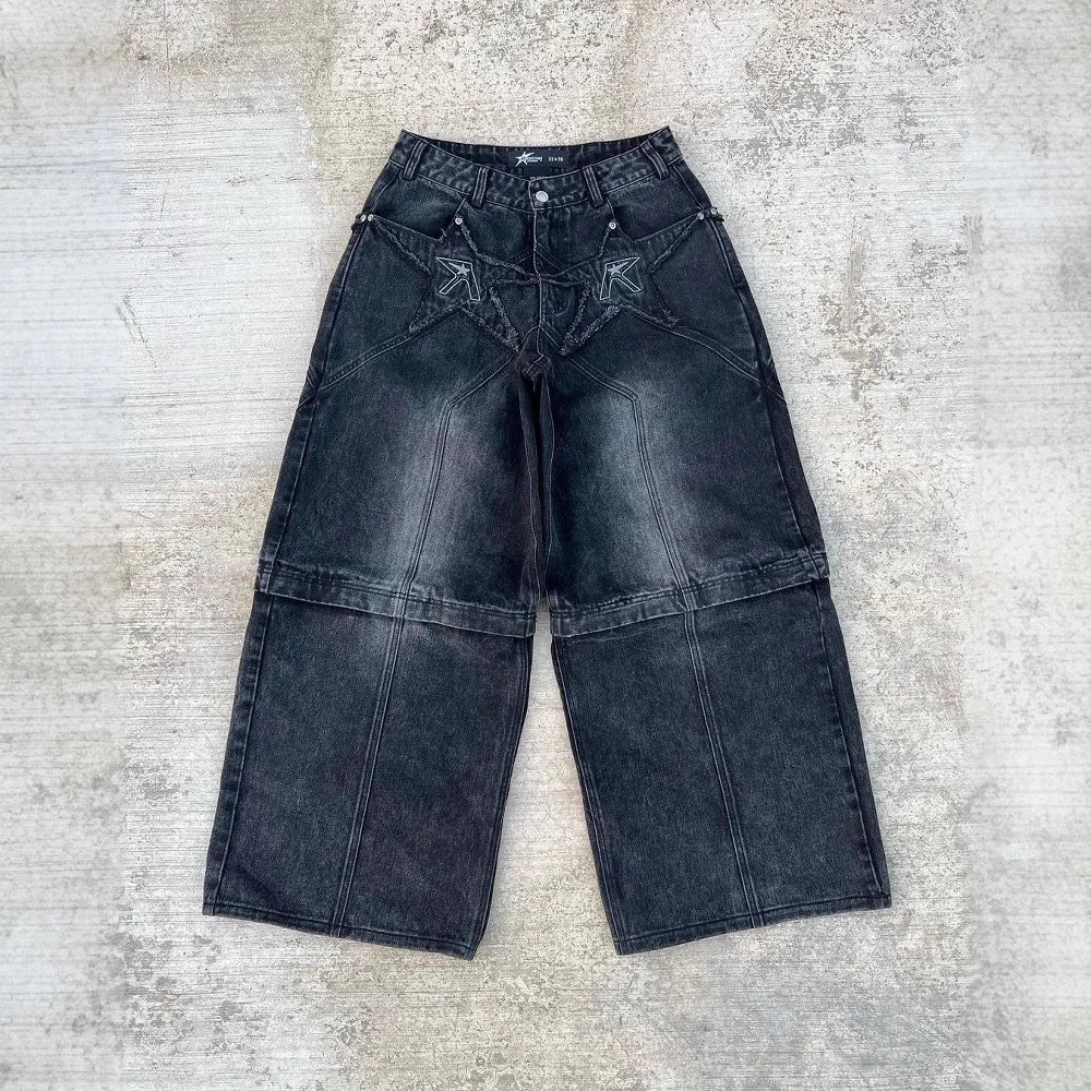 Men Straight Jean Denim Pants Jeans Ankle Length Pant Pockets Washed High Street Loose Spliced Distressed Zipper Fly Vintage