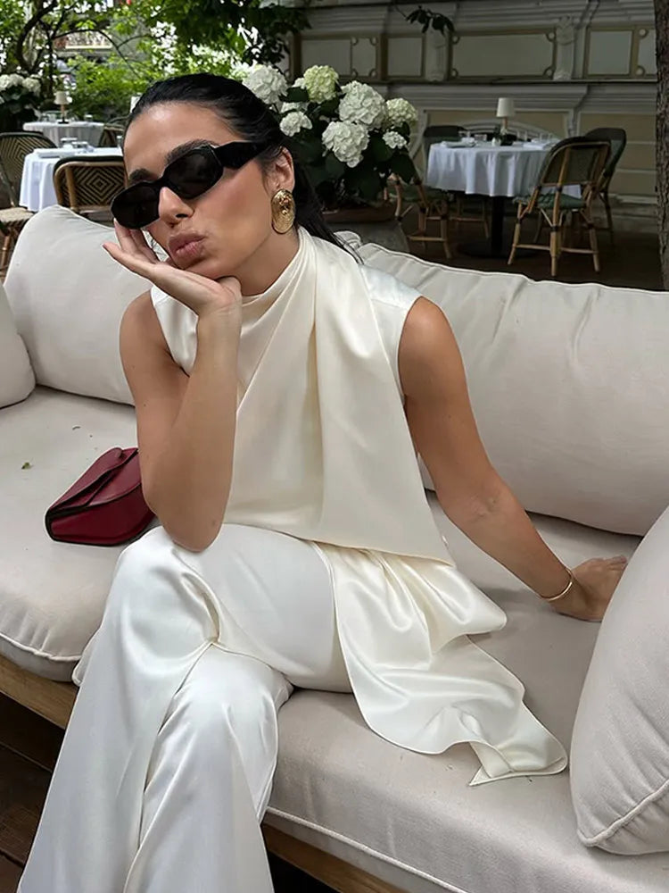 Elegant White Satin Vest Pants Suit Women Chic Sleeveless Irregular Hem Top Wide Leg Pants Set Fashion Female High Street Wear