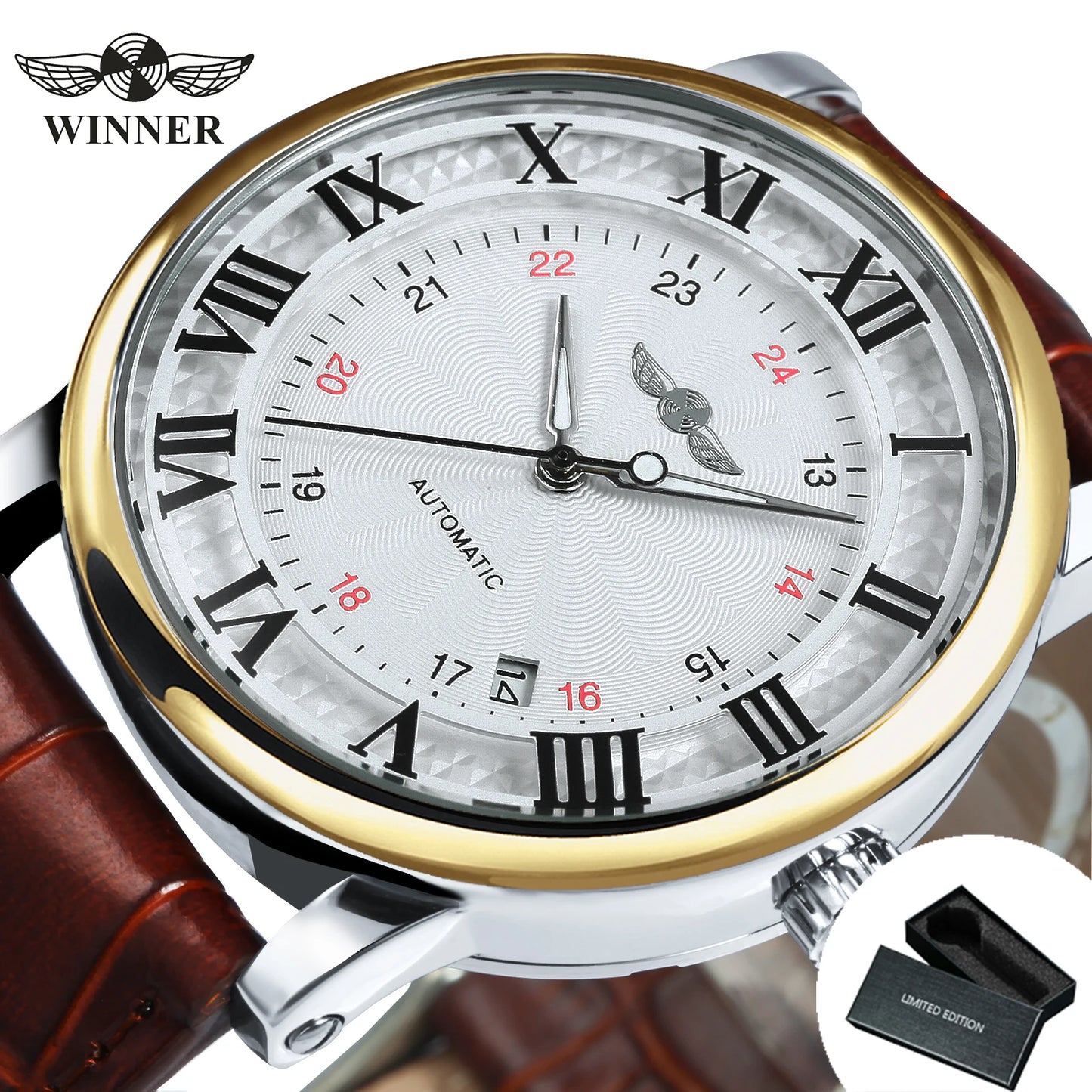 WINNER Automatic Watches Men Brand Luxury Simple Mechanical White Dial Leather Strap Calendar Clock Minimalist Wristwatches