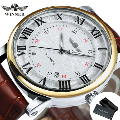 WINNER Automatic Watches Men Brand Luxury Simple Mechanical White Dial Leather Strap Calendar Clock Minimalist Wristwatches