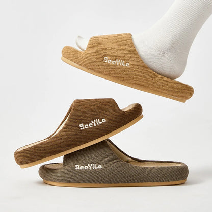 BASATU Men's Linen Slippers Breathable Open-Toe Non-Slip House Shoes Home Slippers Soft Sole Silent Shoes Cotton Linen Slippers