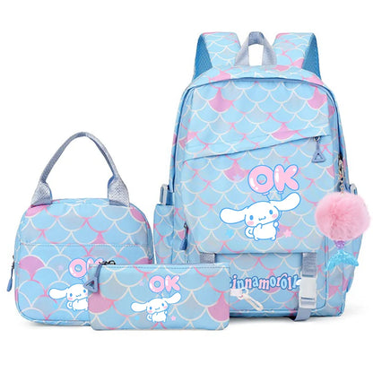 3Pcs Cinnamoroll Fish Scale Kid Backpack With Mermaid Pendant Lunch Girl School Bag Children Schoolbag For Teenage Girls