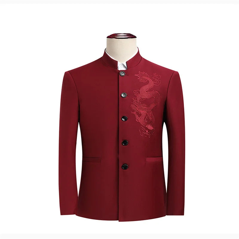 Elegant Black Chinese Dragon Embroidery Pattern Blazer for Men, Slim Fit Single-Breasted Gray Suit Jacket, Asian SizeM-6XL