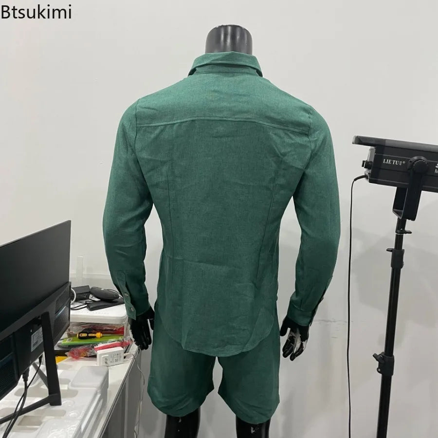 2025 Fashion Streetwear Men's Summer Comfy Cotton Linen Casual Suit Long-sleeved Shirt and Shorts Two-pieces Men Vacation Outfit