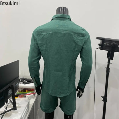 2025 Fashion Streetwear Men's Summer Comfy Cotton Linen Casual Suit Long-sleeved Shirt and Shorts Two-pieces Men Vacation Outfit