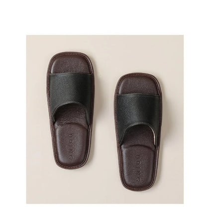 New Genuine Leather Slippers Men Square Open Toe Slides Shoes Home Mute Slippers Man Luxury Top Quality Guest Slipper Cowhide