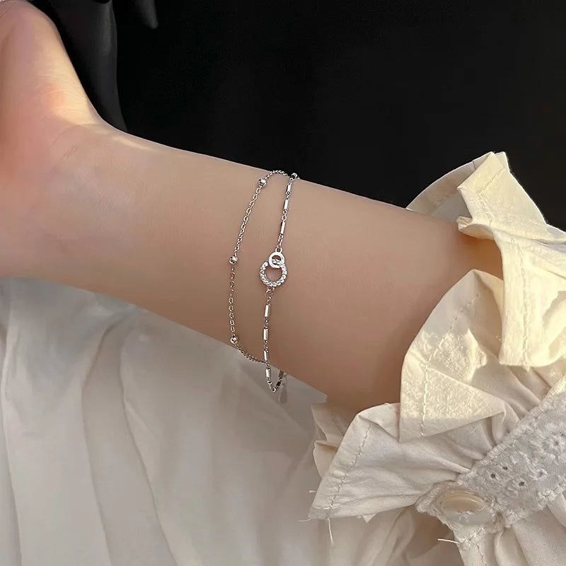 New 925 Sterling Silver Round Double Layer Bracelet Simple Style Women Bracelet Beautiful Jewelry for Friends Birthday Party Gif