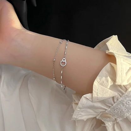 New 925 Sterling Silver Round Double Layer Bracelet Simple Style Women Bracelet Beautiful Jewelry for Friends Birthday Party Gif