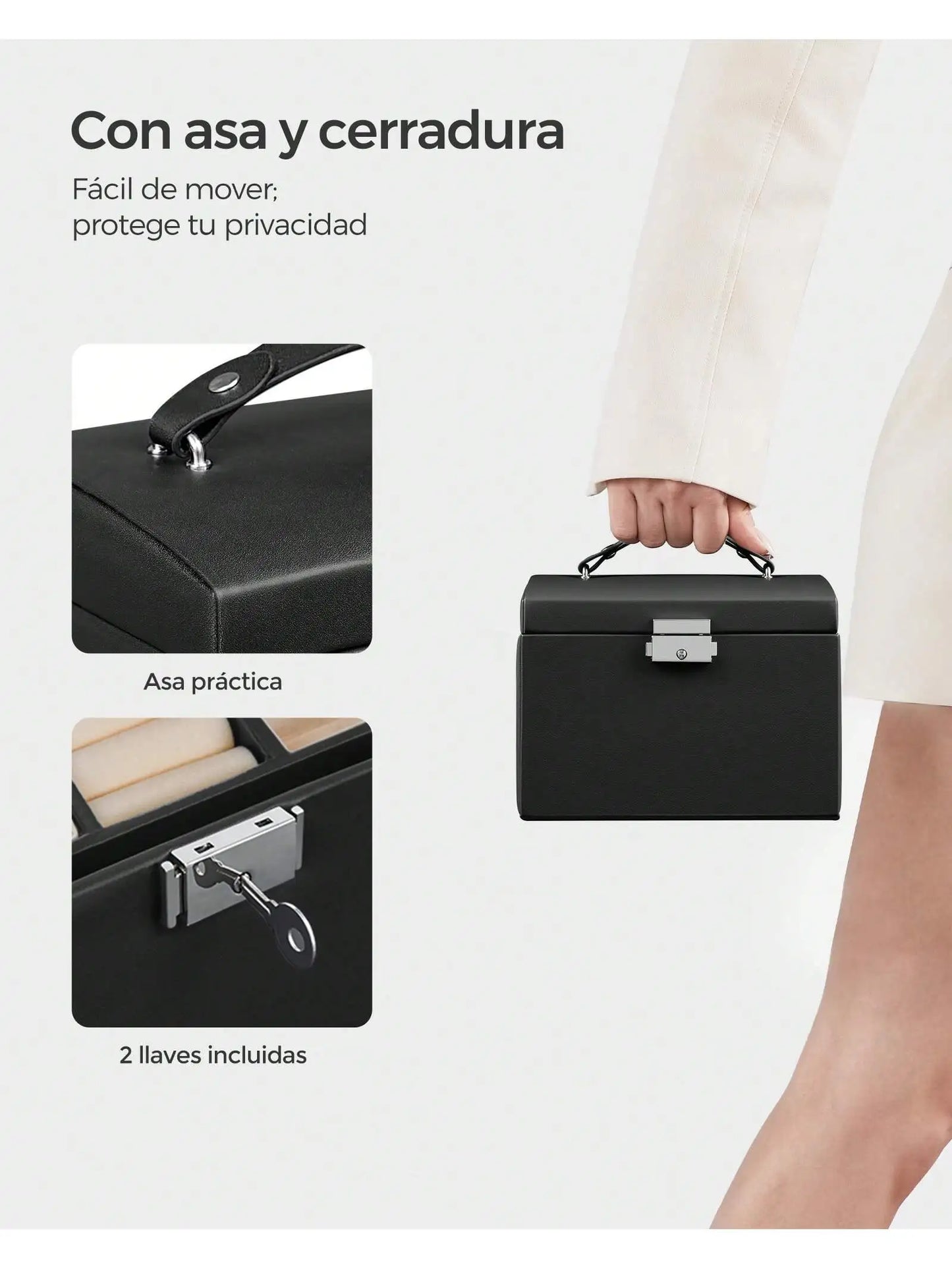 SONGMICS 3-TierJewellery Box,Lockable Organiser with Handle,2 Drawers,Travel Case with Mirror,Jewellery StorageModern Style Gift