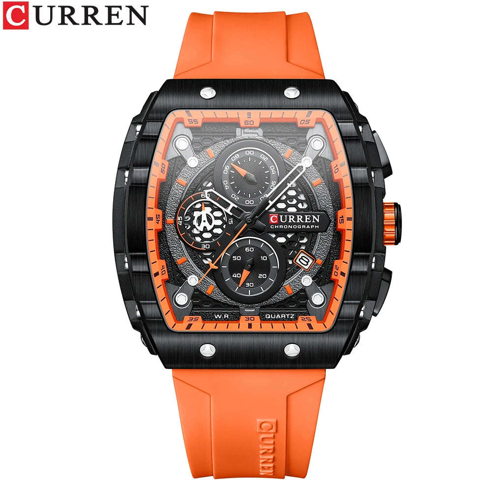 CURREN New Fashion Square Dial & Silicone Strap  Mens Watches Luxury Sport Waterproof Watch Man Chronograph Quartz WristWatches