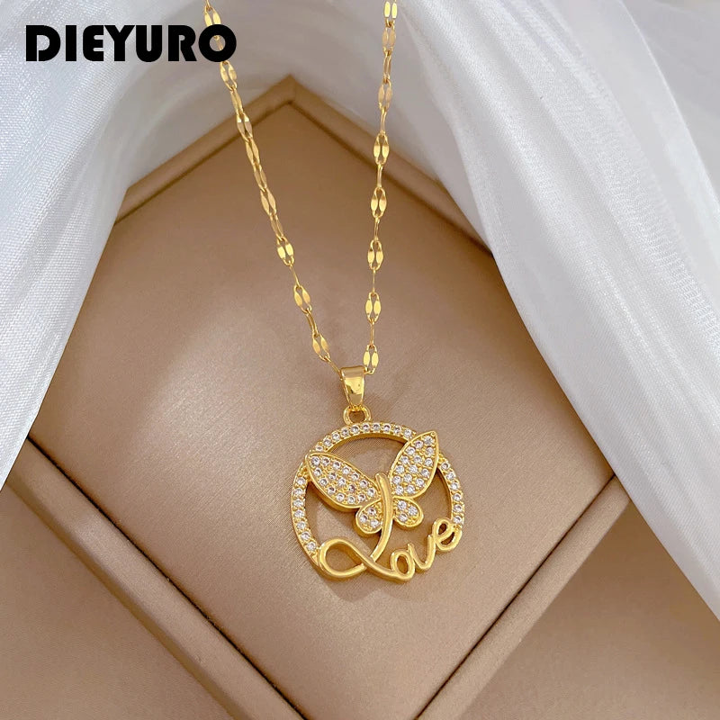 DIEYURO 316L Stainless Steel Butterfly Love Letter Pendant Necklace For Women Girl New Trend Clavicle Chain Jewelry Lady Gift