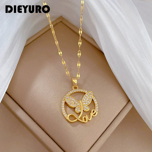 DIEYURO 316L Stainless Steel Butterfly Love Letter Pendant Necklace For Women Girl New Trend Clavicle Chain Jewelry Lady Gift