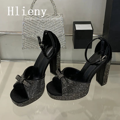 Hlieny Fashion Bowknot Crystal Open Toe Platform Sandals Women Summer Chunky Buckle Strap Square High Heels Party Dress Shoes
