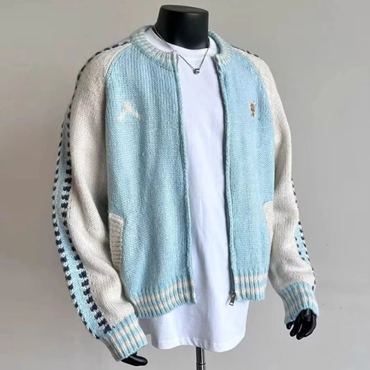 Retro Contrast Color Splicing Cardigan Couple Sweater Street Casual Loose Sports Y2K Top American Trendy Jacket Knitted Sweater