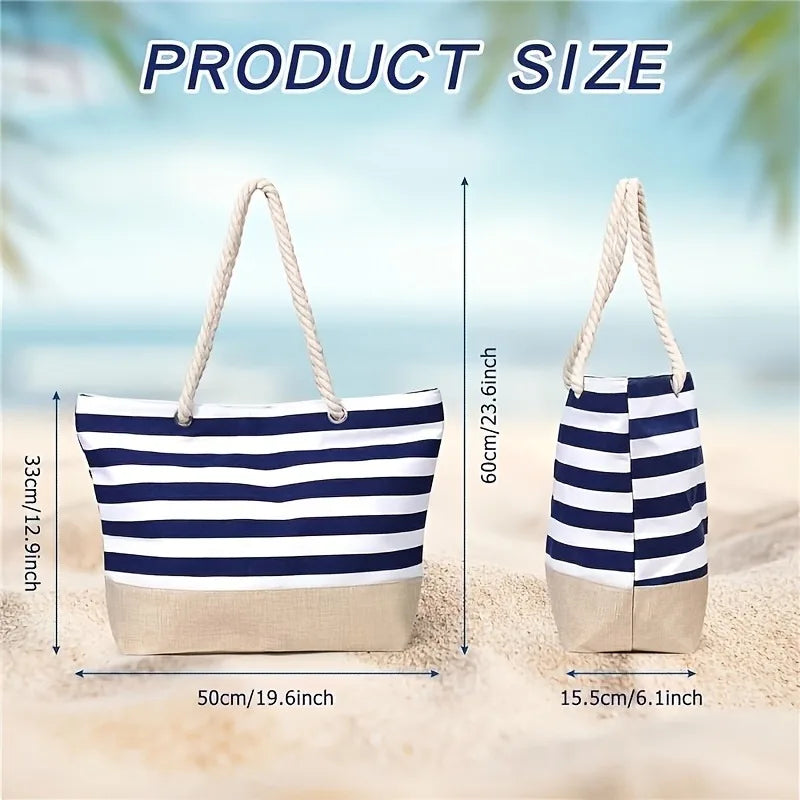 Striped Zipper Outer Bag For Outdoor Travel Vacation Waterproof Canvas Shoulder Bag Convenient Folding Beach Bag Shopping Totes