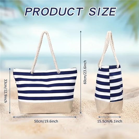 Striped Zipper Outer Bag For Outdoor Travel Vacation Waterproof Canvas Shoulder Bag Convenient Folding Beach Bag Shopping Totes