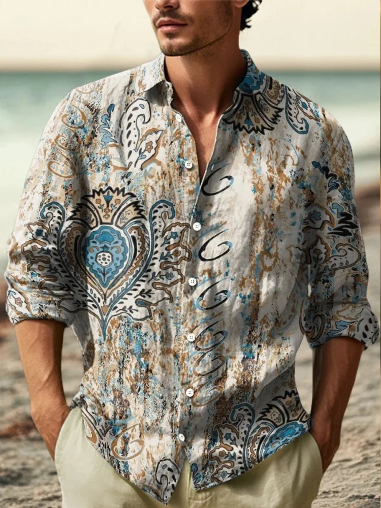 2025 Men's New Linen 3D Printed Long Sleeve Shirt Fashion Design Luxury Long Sleeve Shirt Four Seasons Lapel Button Shirt