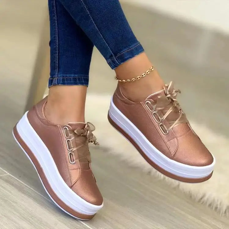 Platform Flat Shoes Women Fashion 2025  with Thick Bottom Fashion Woman Gauze Lace-up Sneakers Running Shoes Tennis Female Shoes