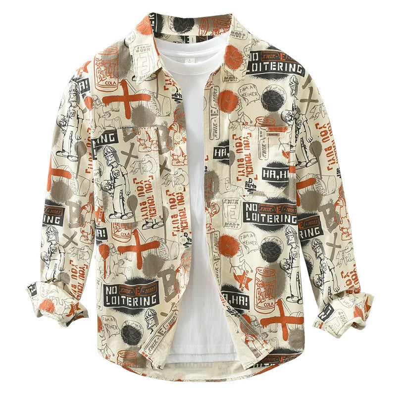 6781 100% Cotton Creative Graffiti Print Shirts Men's Spring Fall Fashion Loose Casual Blouses Youth Teen Streetwear Trendy Tops