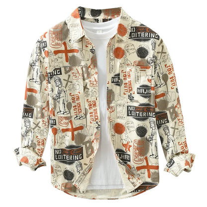 6781 100% Cotton Creative Graffiti Print Shirts Men's Spring Fall Fashion Loose Casual Blouses Youth Teen Streetwear Trendy Tops