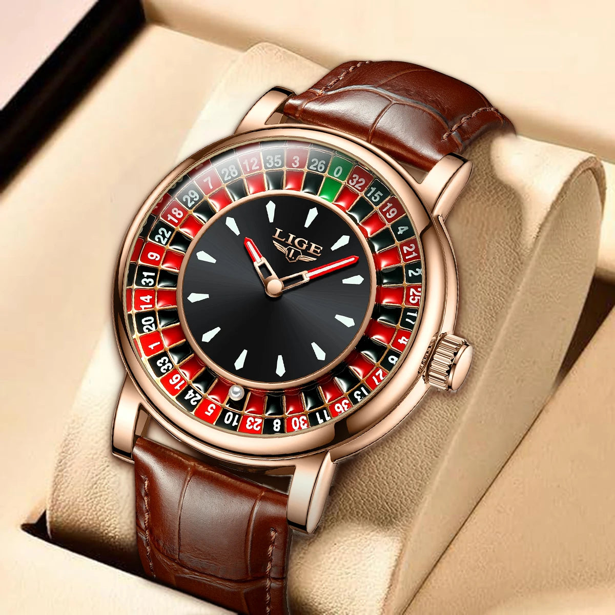 LIGE Quartz Man Watch Fashion Luxury Creative Roulette Game Dial Design Leather Casual Life Waterproof Watches for Men Gifts+Box