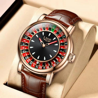 LIGE Quartz Man Watch Fashion Luxury Creative Roulette Game Dial Design Leather Casual Life Waterproof Watches for Men Gifts+Box
