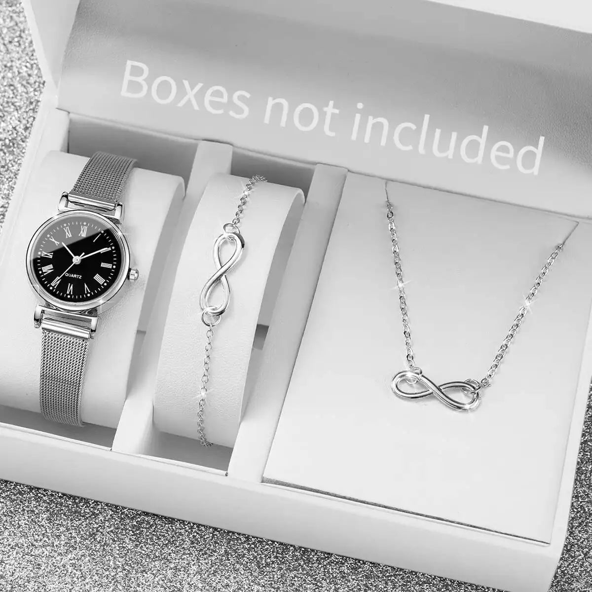 3PCS Fashion Roma Dial Women Watches Silver Mesh Band Quartz Wristwatches Jewelry Set Reloj Mujer（Without Box）