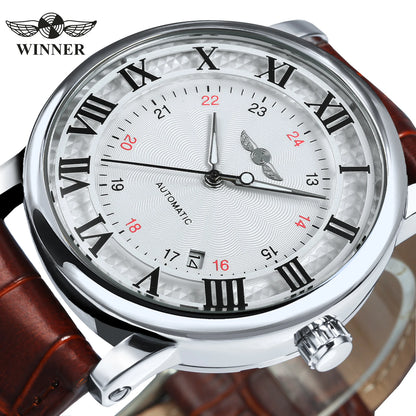 WINNER Automatic Watches Men Brand Luxury Simple Mechanical White Dial Leather Strap Calendar Clock Minimalist Wristwatches