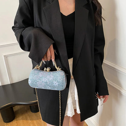 Elegant Luxury Evening Banquet Bag Shiny Flower Ladies Clutch Bag Rhinestone Metal Top Handle Chain Crossbody Bag Party
