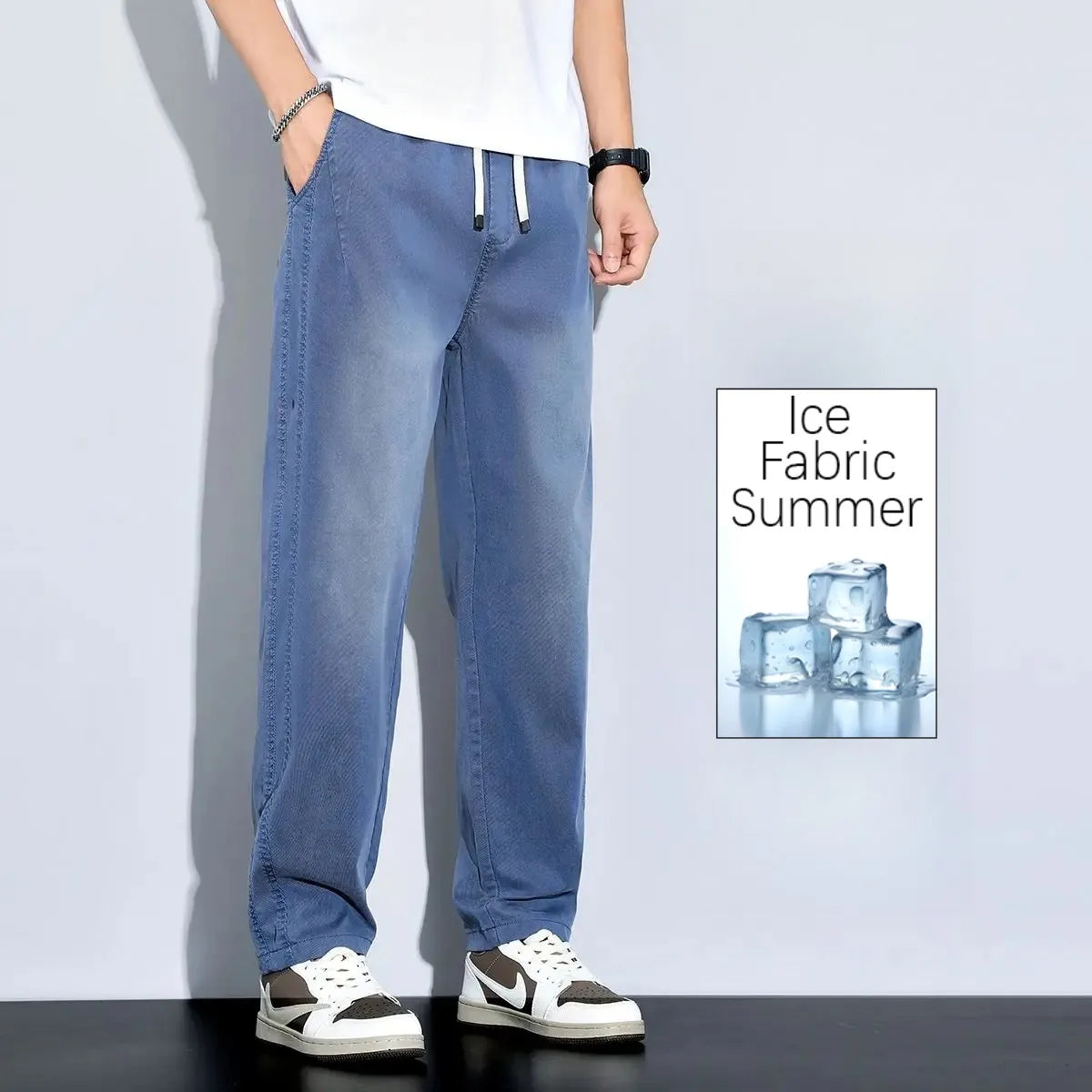 2025 New Ice Silk Thin Denim Jeans For Men Blue Straight Stretch Cotton Pants Business Casual Lightweight Trousers Spring Summer