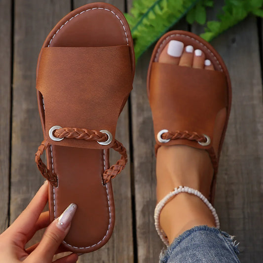 Women's Peep Toe Flat Slides, Casual Faux Leather Slip On Shoes, Lightweight Beach Slide Sandals