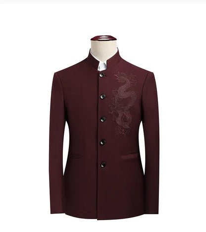 Elegant Black Chinese Dragon Embroidery Pattern Blazer for Men, Slim Fit Single-Breasted Gray Suit Jacket, Asian SizeM-6XL