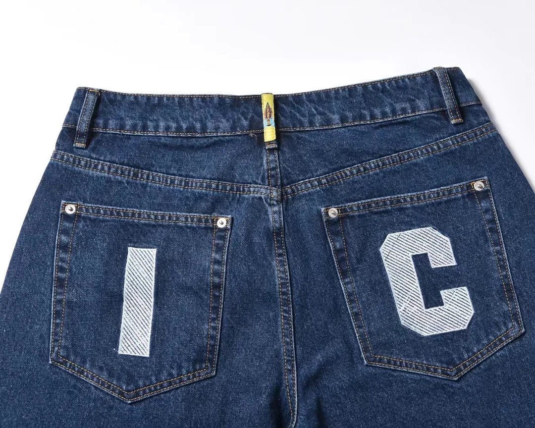 Top quality Icecream Jeans Men Trendy Elastic Edged Middle Pants Running Dog Embroidery Washed Denim Shorts Brands Pants