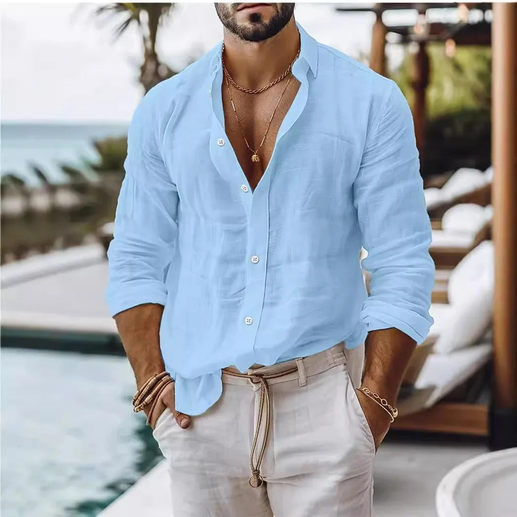 Men Solid Color Cotton Linen Shirt Casual Style Long-sleeved Business Casual Shirt Cross-border Independent Station