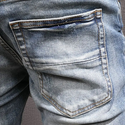 Men's Clothing Autumn and Winter Slim-fit Jeans Ripped Leggings Trendy Brand Cotton Handsome Trousers