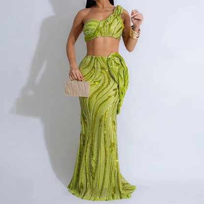 Sexy One-shoulder Long Summer Dress Sequin Birthday Holiday Elegant Party Evening Dresses Luxury Womens Prom Dresses XSY29