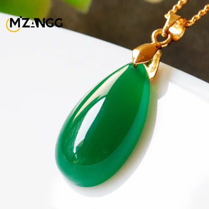 Natural Agate Drop Pendant Green Chalcedony Necklace Fashion Luxury Jewelry for Girlfriend Mother Holiday Gift