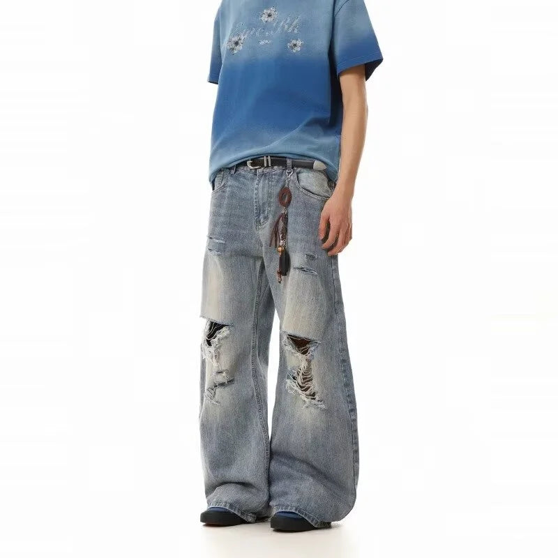 2025 American High Street Men's Ripped Jeans Y2K Vintage Straight Baggy Denim Pantalones Hombre Hip Hop Fashion Distressed Jean