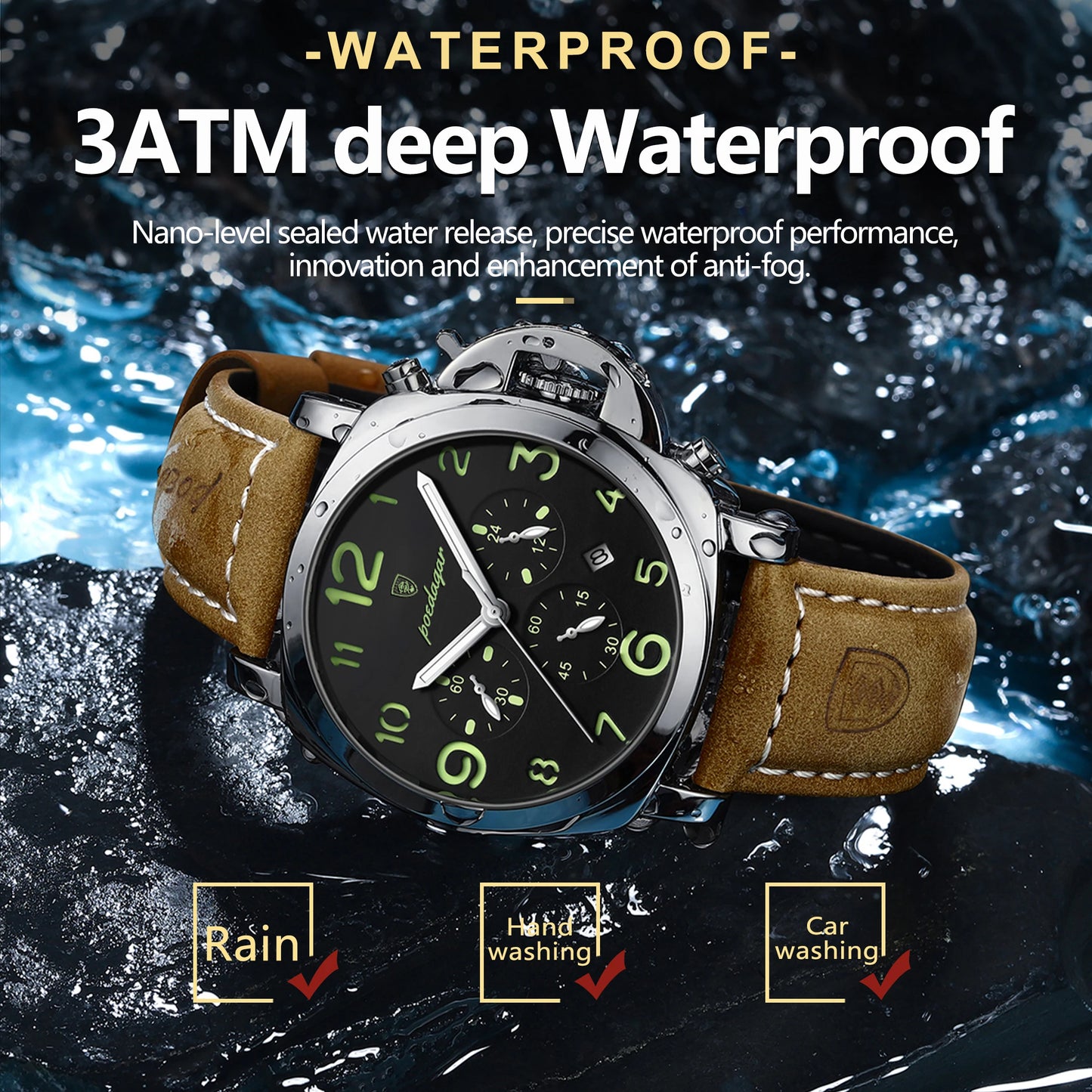 POEDAGAR Fashion Luxury Men Wristwatch Waterproof Luminous Chronograph Date Man Watch Unique Sports Leather Quartz Men's Watches