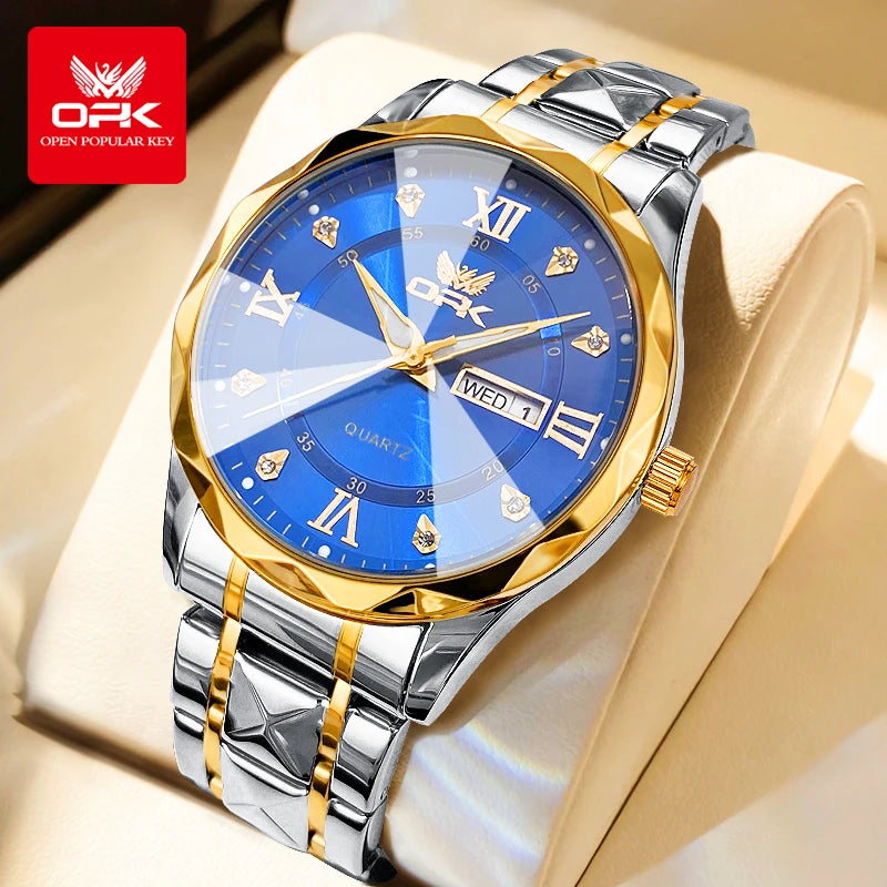 OPK Brand men's steel strap quartz watch dual calendar waterproof night light 6023