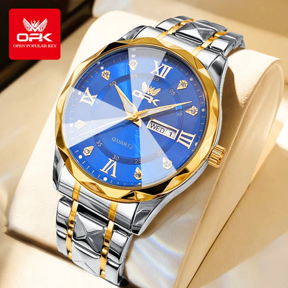 OPK Brand men's steel strap quartz watch dual calendar waterproof night light 6023